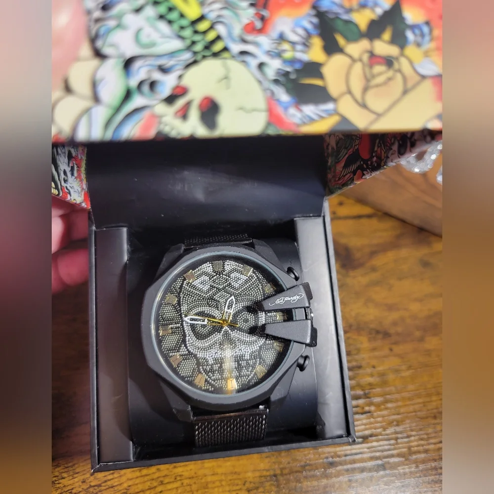 Ed Hardy mens Black Gold Gray Skull Watch